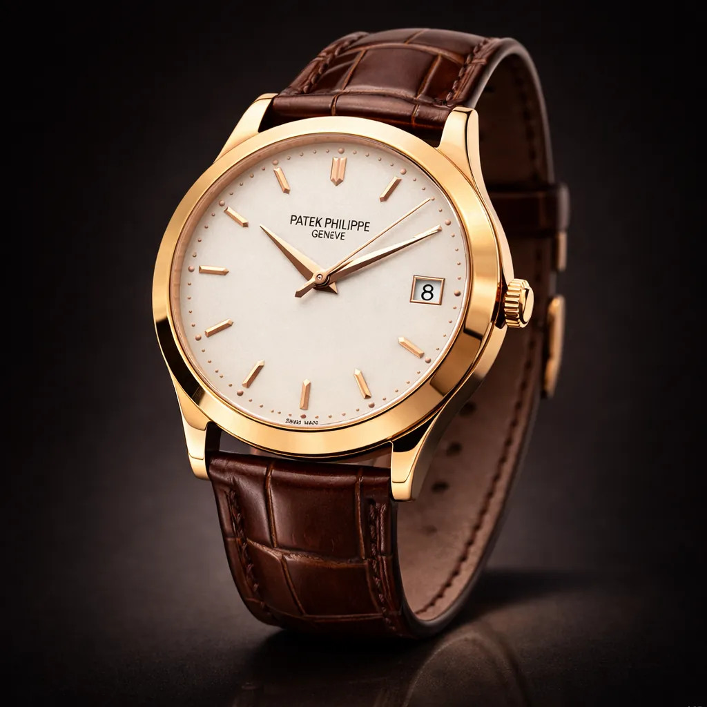 Patek Philippe Calatrava brown leather strap rose gold dress watch luxury close-up