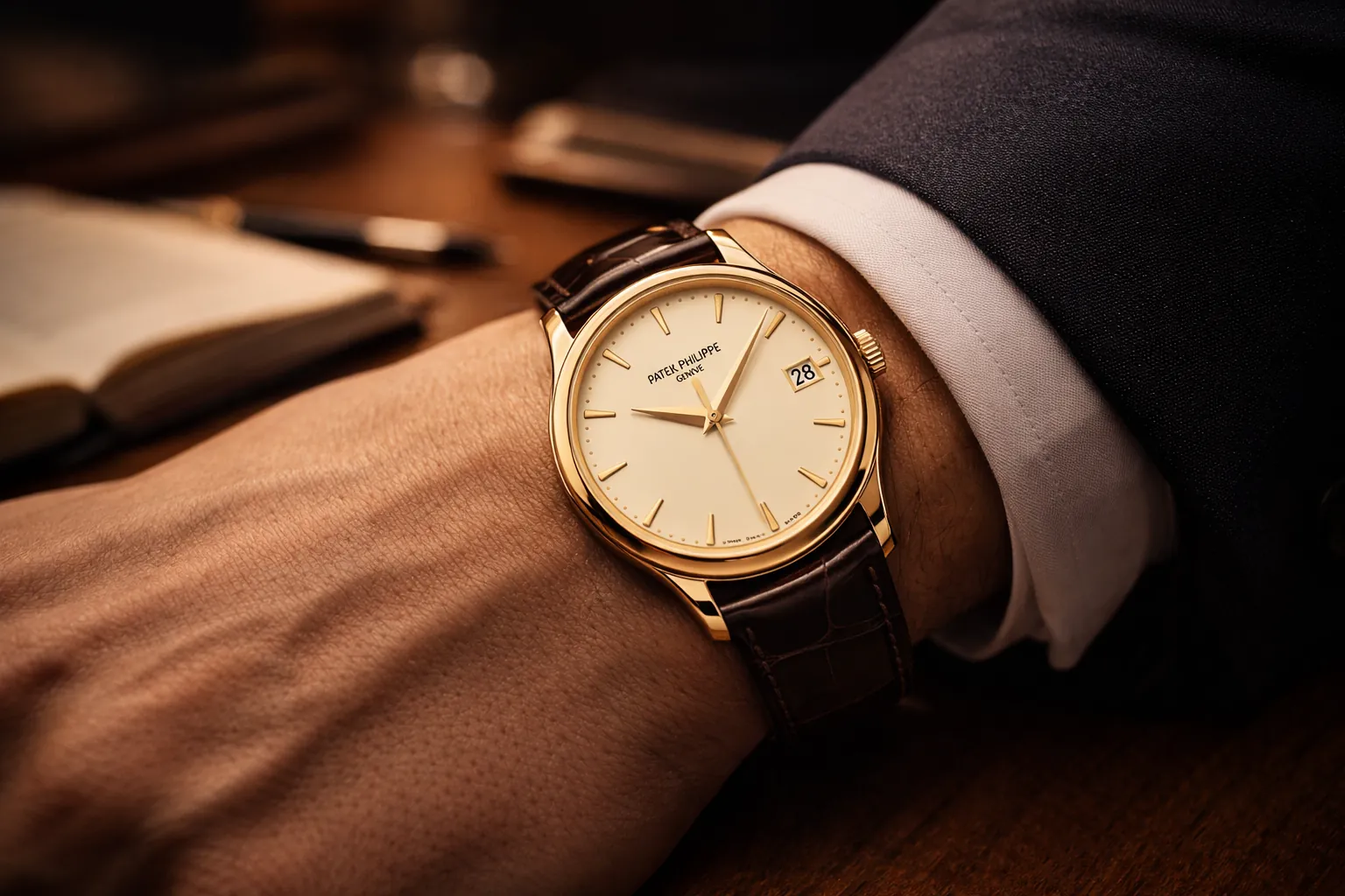 Patek Philippe dress watch replica with gold case and leather strap on wrist in business setting