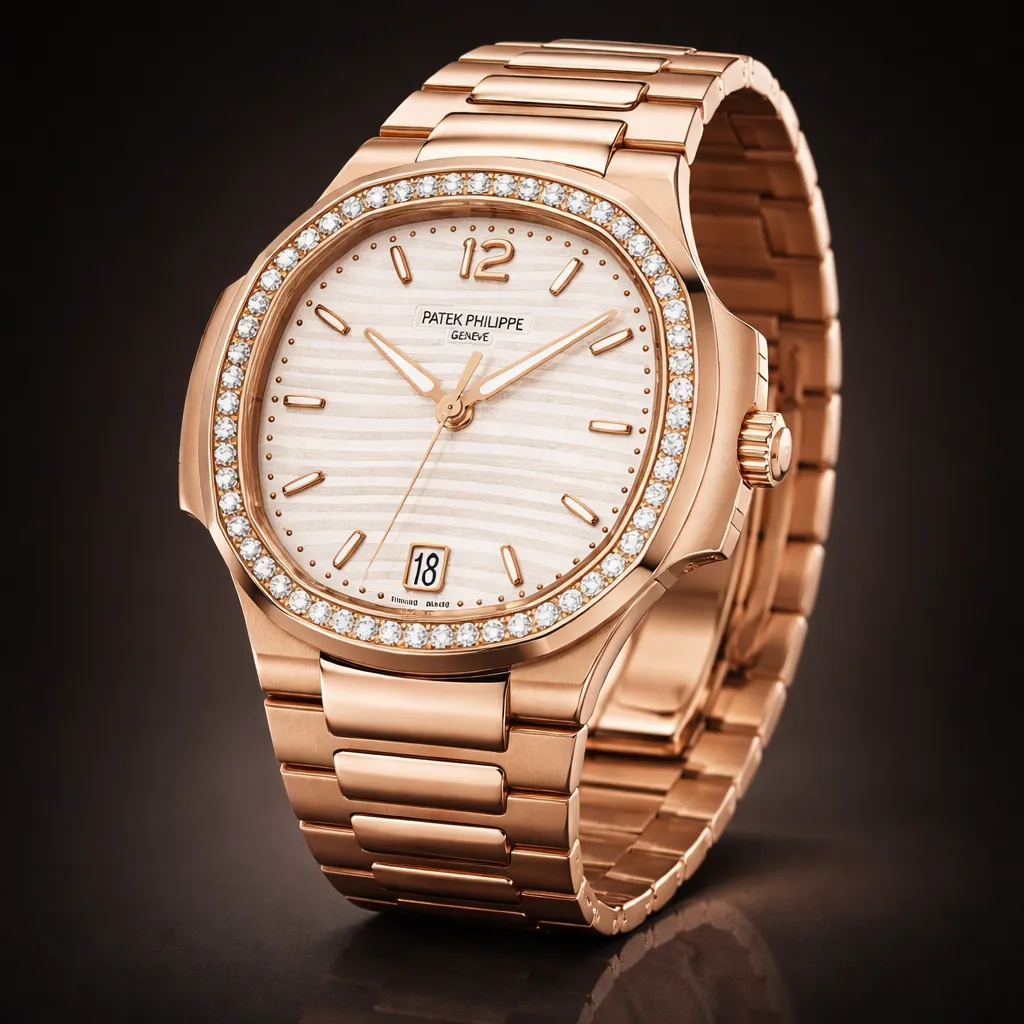 Patek Philippe Nautilus rose gold diamond bezel bracelet luxury watch close-up