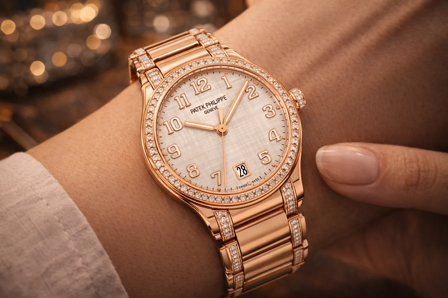 Patek Philippe women's watch replica in rose gold with diamond bezel on wrist in luxury setting