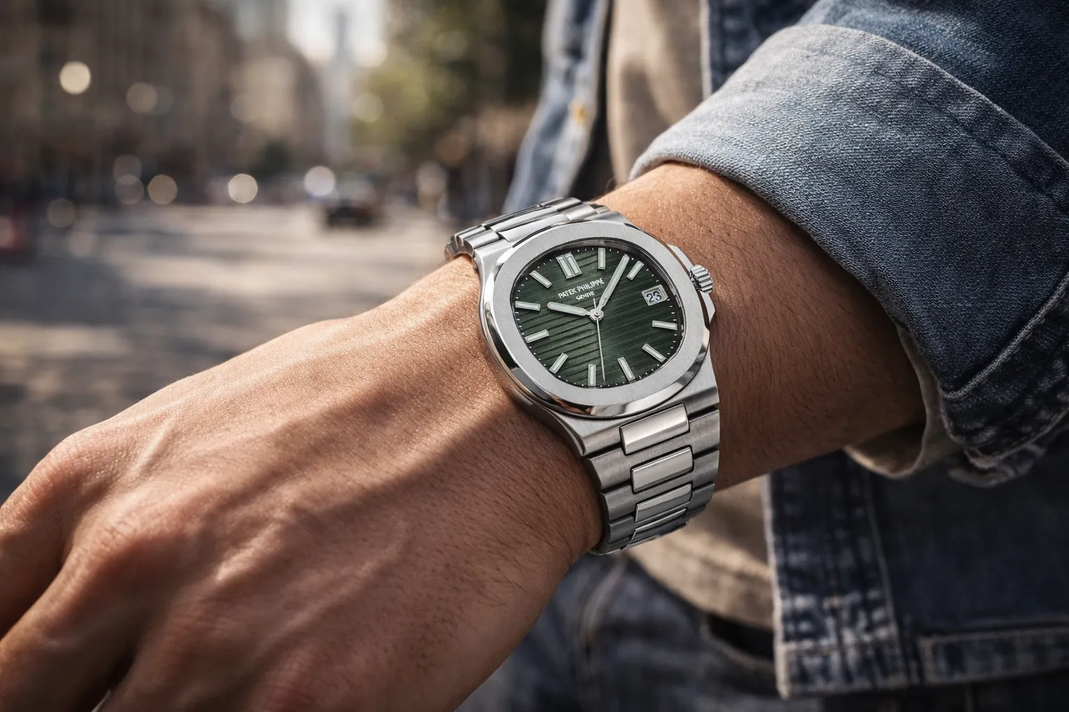Patek Philippe Nautilus sport watch replica with green dial and stainless steel bracelet on wrist outdoors