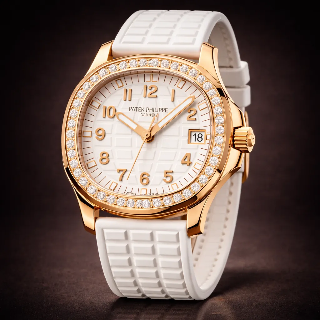 Patek Philippe Aquanaut white rubber strap diamond bezel rose gold luxury watch close-up