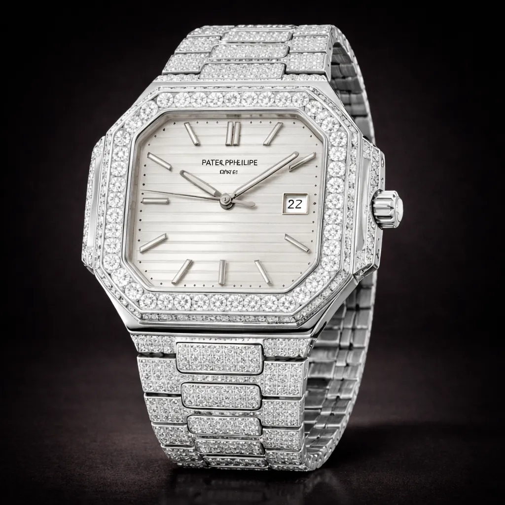 Patek Philippe diamond iced out square dial white gold luxury watch close-up