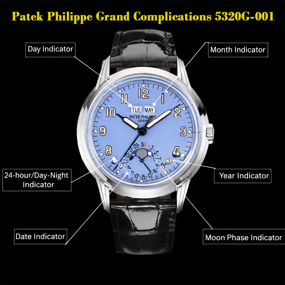 A promotional image of the Patek Philippe 5320G-001, highlighting its dial with labeled calendar and moon phase functions.