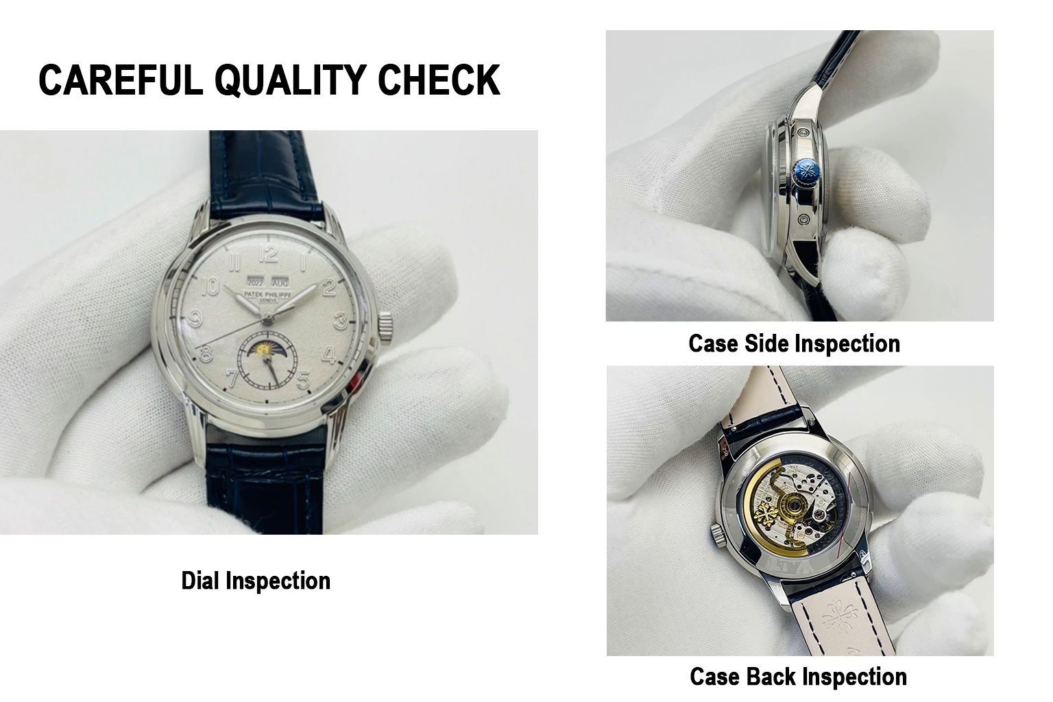 Watch quality inspection: dial, side, and case back.