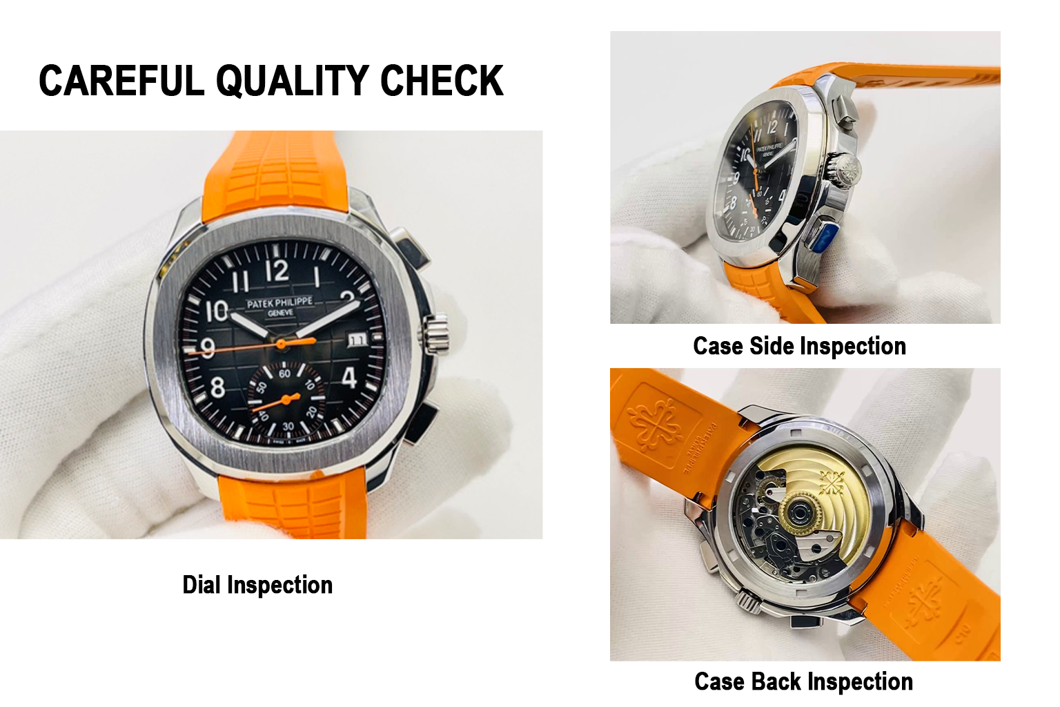 Careful quality check of a Patek Philippe Aquanaut 5968A-001 watch, highlighting dial, case side, and case back inspections