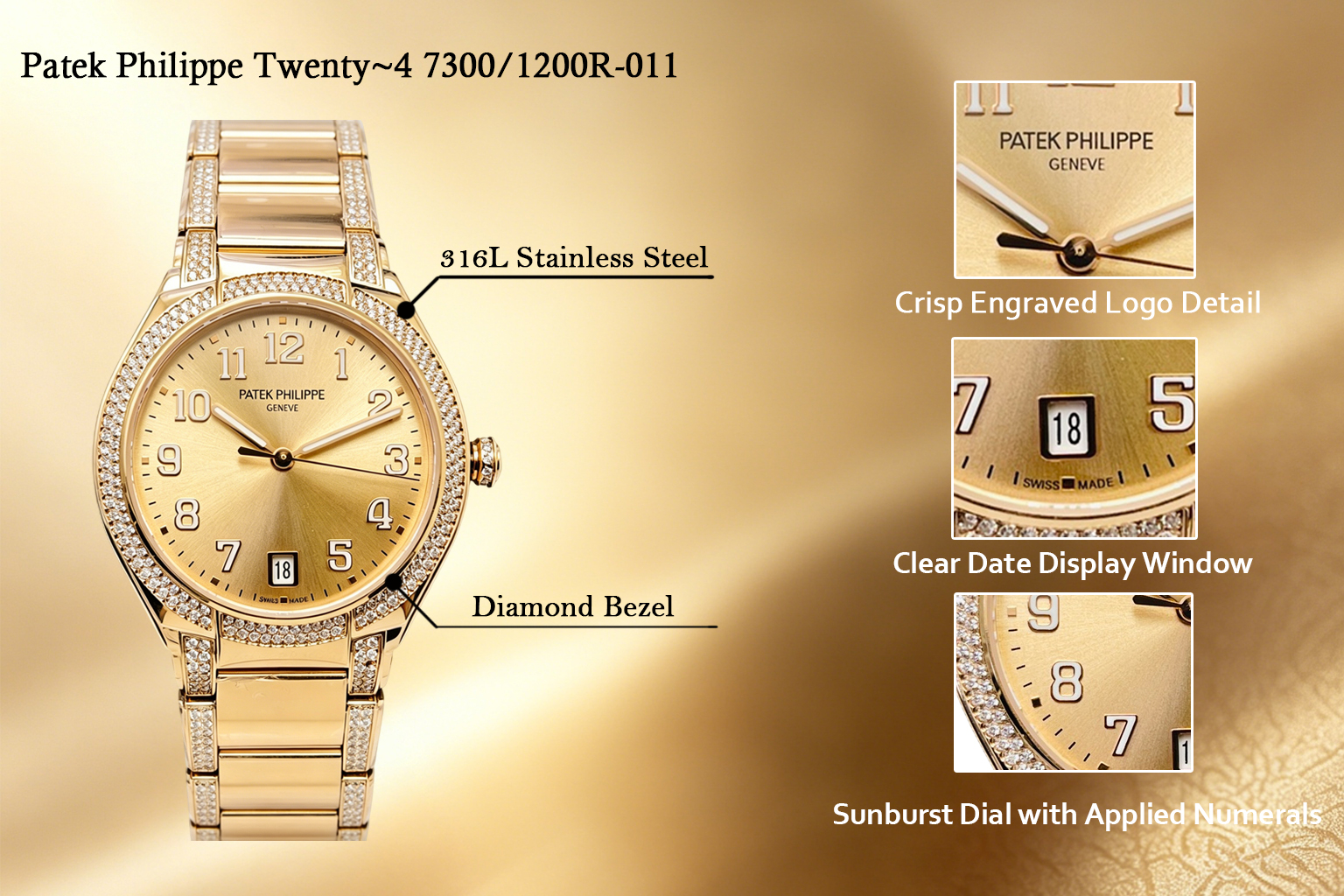 Patek Philippe Twenty-4 7300/1200R-011 Replica Gold Dial Diamond Bezel Rose Gold Bracelet Ladies Watch Feature Detail View