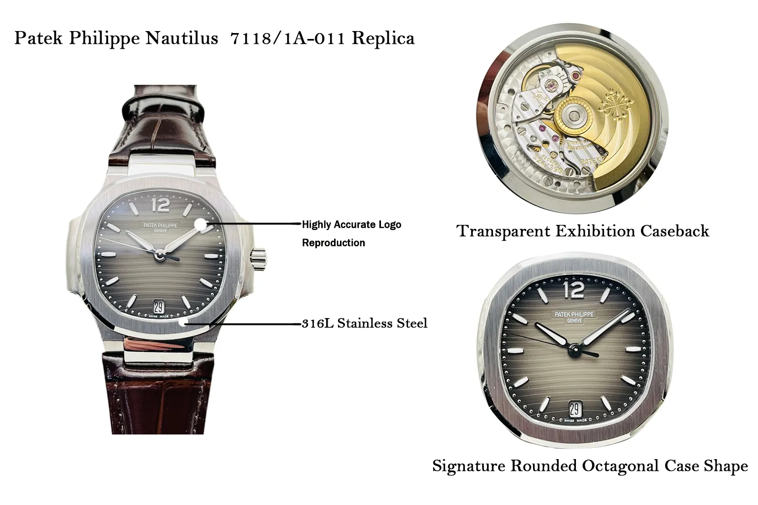 Patek Philippe Nautilus 7118/1A-011 Replica Grey Dial Stainless Steel Rounded Octagonal Case Exhibition Caseback Watch Detail View