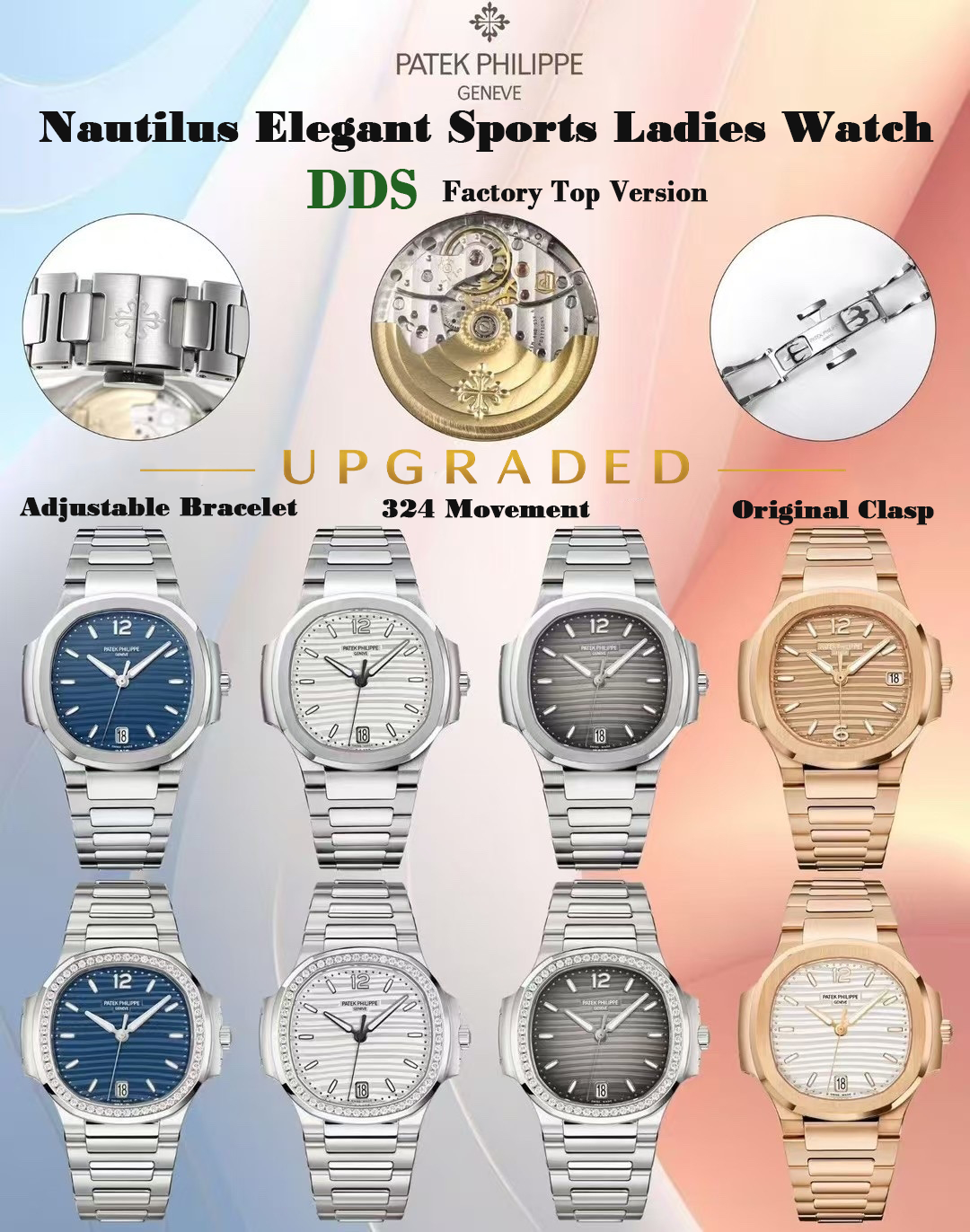 Patek Philippe Nautilus ladies watches DDS factory comparison with upgraded 324 movement and bracelet details