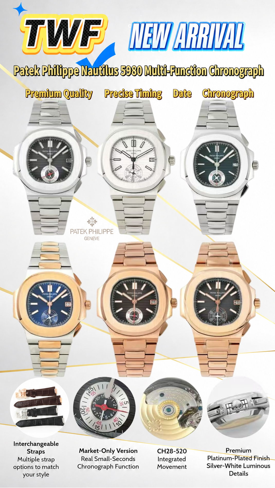 TWF factory Patek Philippe Nautilus 5980 chronograph watches showcasing multiple dial styles and features