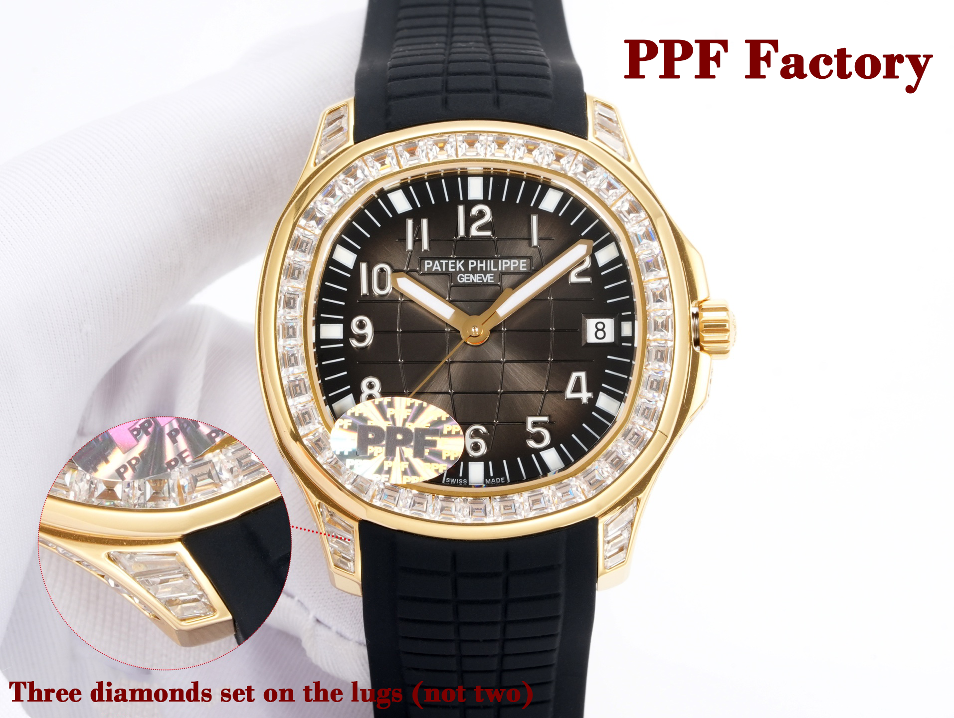 Patek Philippe gold watch with diamond bezel and three-diamond lugs