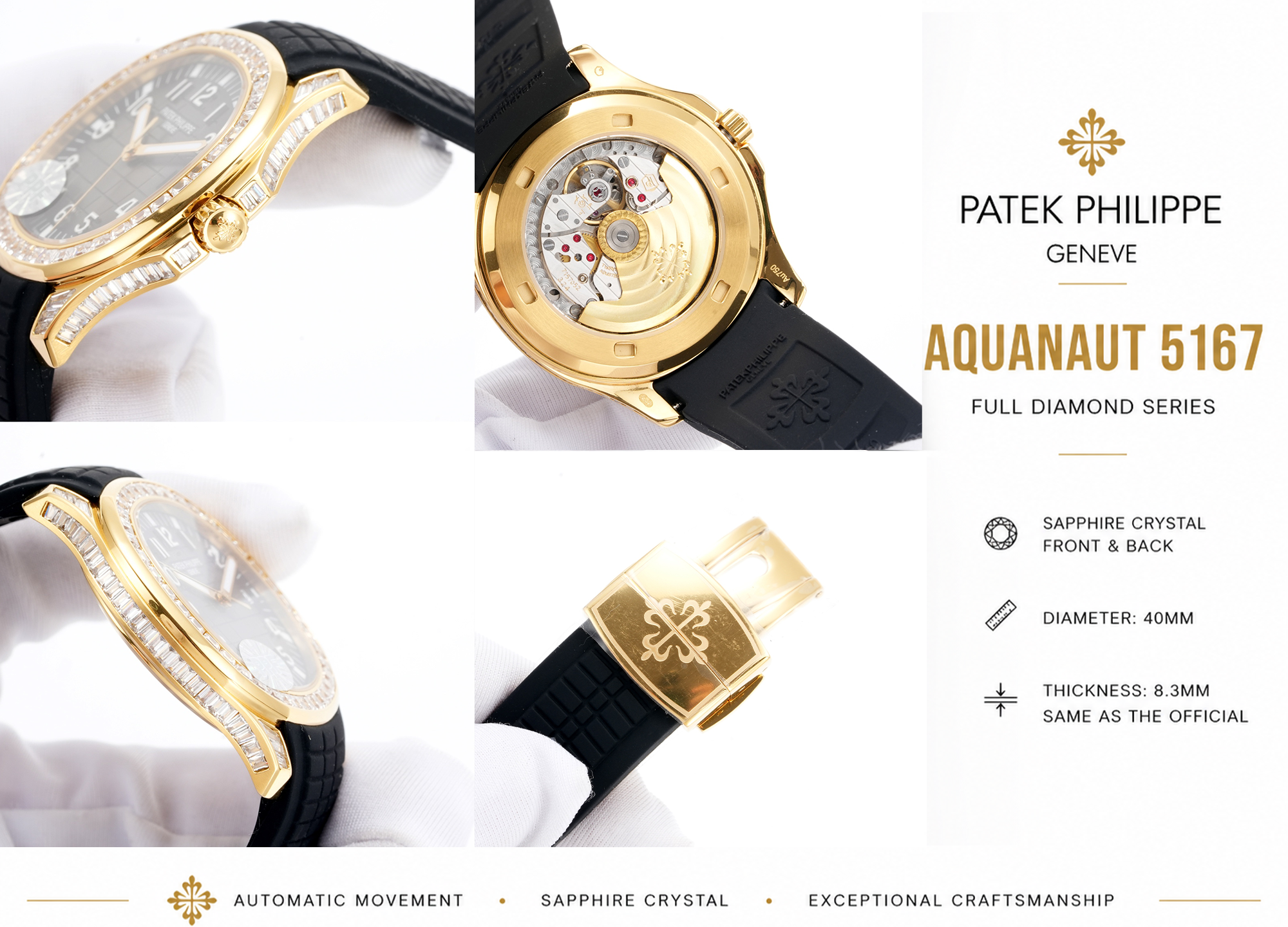 Patek Philippe Aquanaut 5167 gold full diamond watch with black strap and sapphire crystal