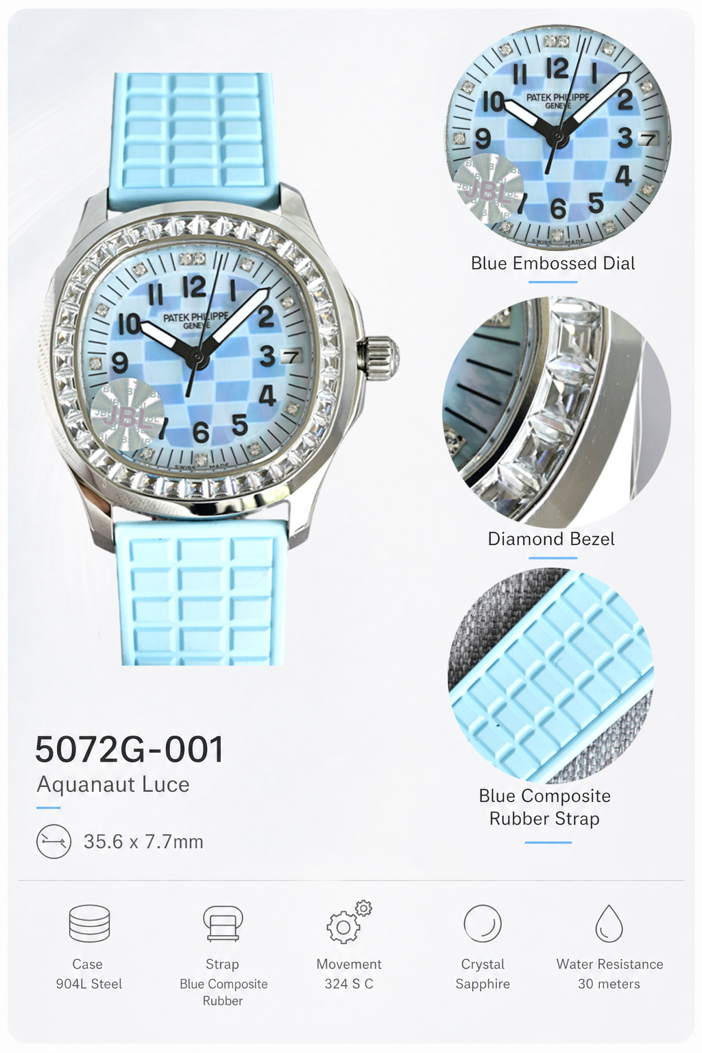 JBL Factory Replica Patek Philippe Aquanaut Luce 5072G-001 Blue Checkered Dial Diamond Bezel Ladies Watch details show