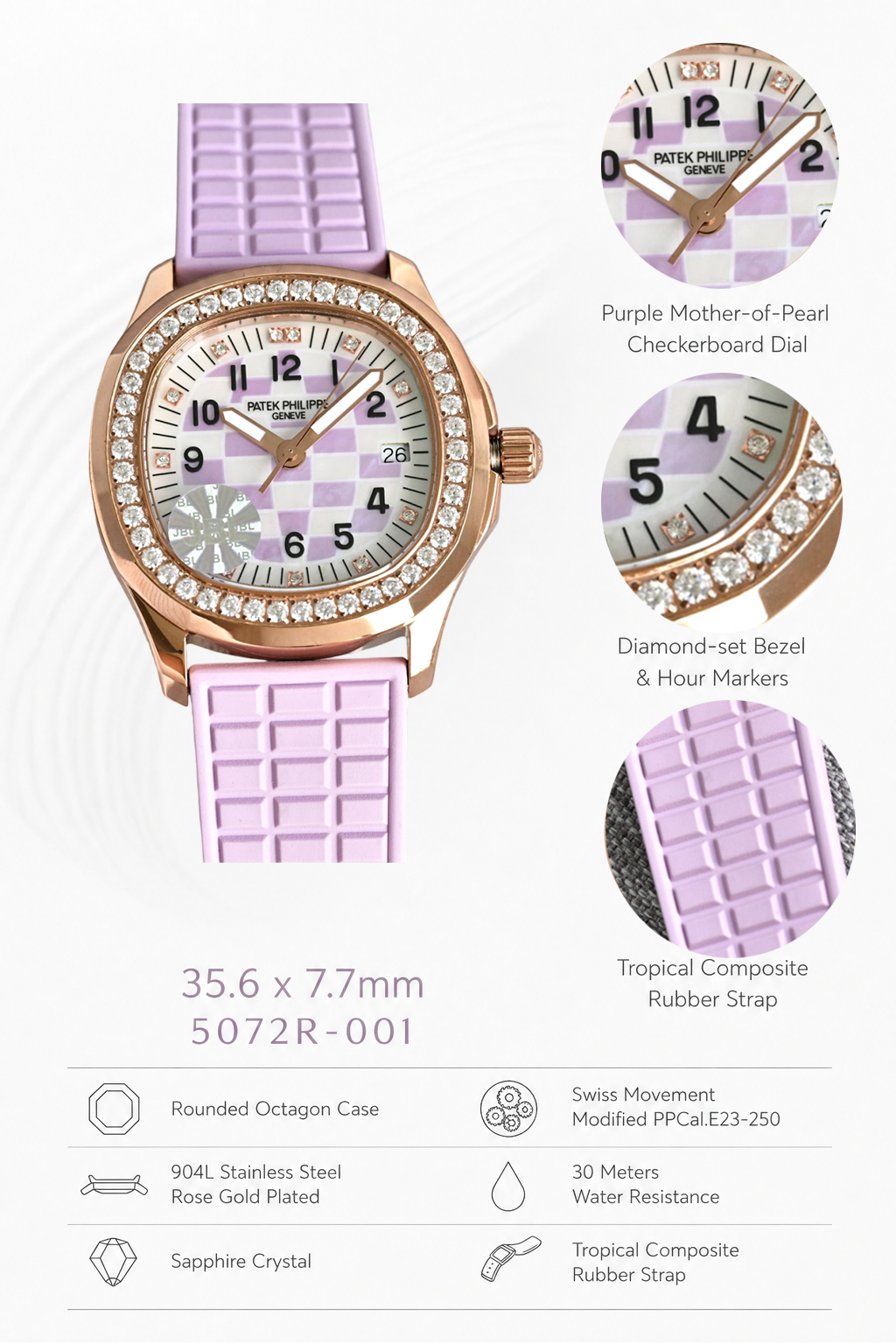 Luxury Patek Philippe Aquanaut Luce 5072R-001 Replica &ndash; Purple Mother-of-pearl Dial Diamond-set Bezel Ladies Watch Details Show