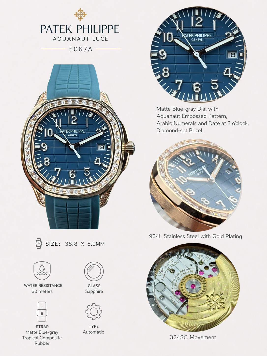 Patek Philippe Aquanaut Luce 5067A Replica Luxury Diamond Bezel Blue Grey Dial Rubber Strap Watch Details Show