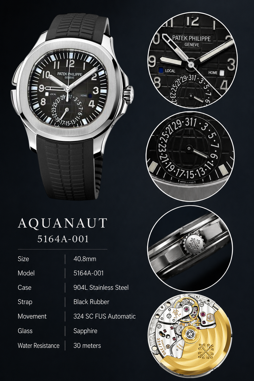 Luxury Patek Philippe Aquanaut 5164A-001 Replica Black Embossed Dial Black Rubber Strap Travel Time Watch Details Show