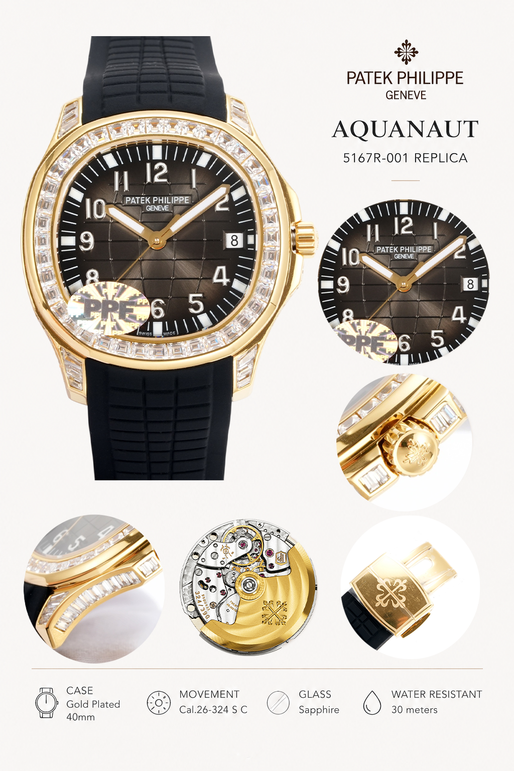 Patek Philippe Aquanaut 5167R-001 Replica Luxury Diamond Bezel 904L Gold Plated Mens Watch with Black Rubber Strap Details Show