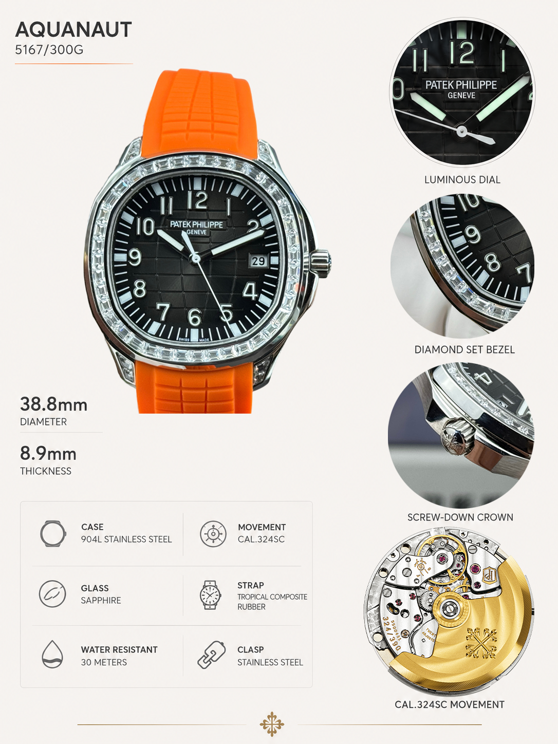 GR Factory Luxury Patek Philippe Aquanaut 5167/300G Replica Black Dial Baguette Diamond Bezel Orange Rubber Strap Watch Details Show
