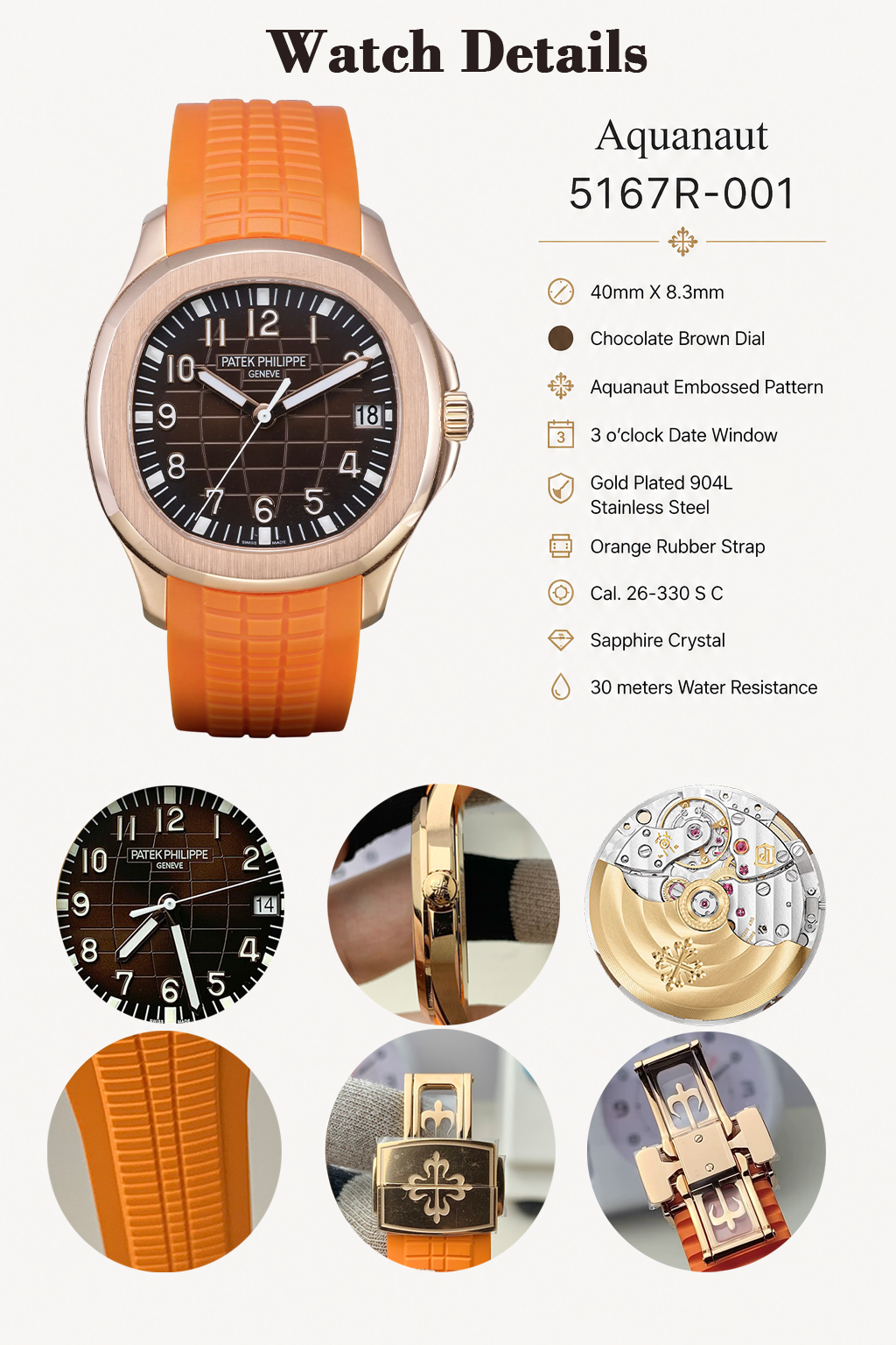 3K Factory Patek Philippe Aquanaut 5167R-001 Replica 40mm Brown Gradient Dial Orange Rubber Strap Super Clone Watch Details Show