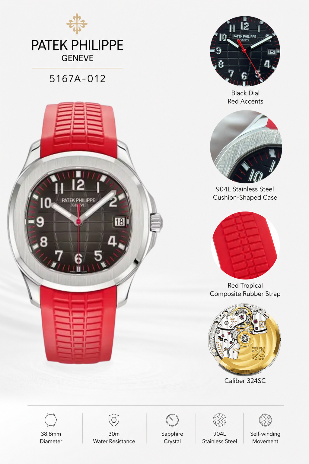 GR Factory Super Clone Patek Philippe Aquanaut 5167A-012 Replica Singapore Limited Edition Watch with Black Red Accent Dial Details Show