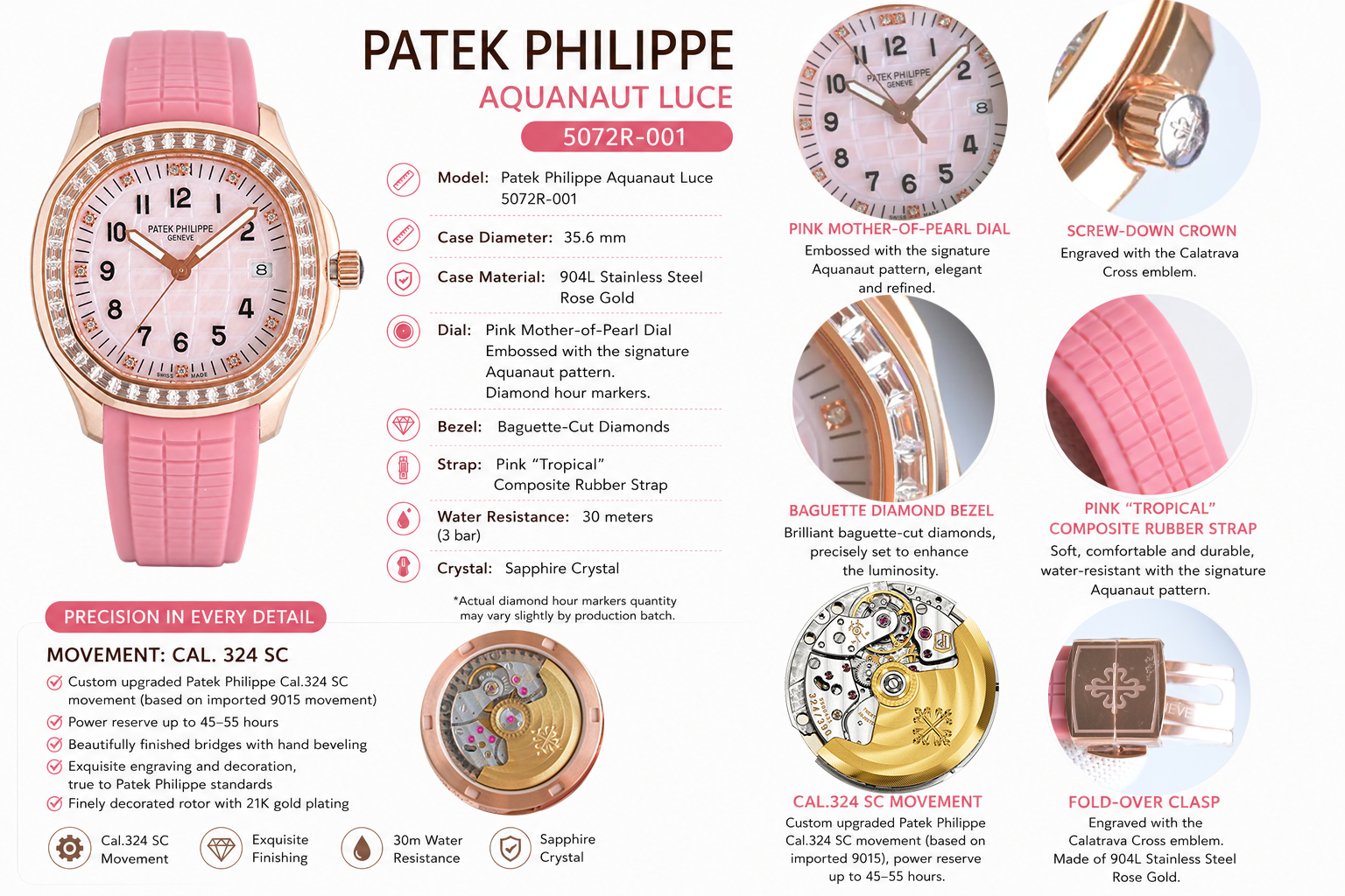 Luxury Patek Philippe Aquanaut Luce 5072R-001 Replica Haute Joaillerie Pink Mother of Pearl Dial Diamond Bezel 35.6mm Watch Details Show
