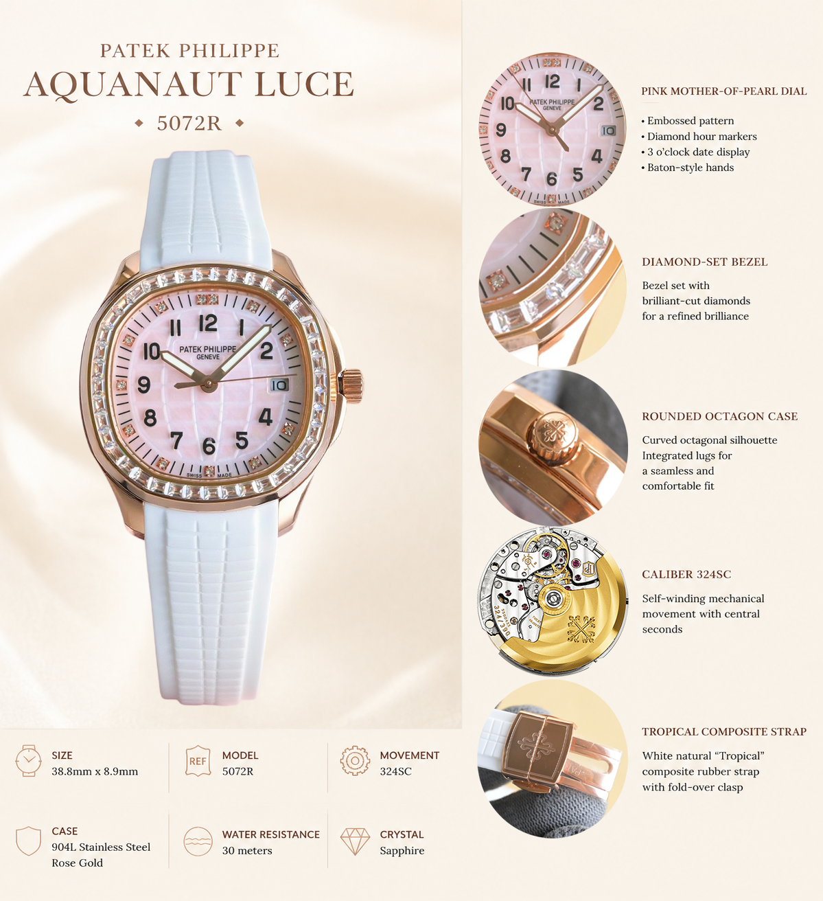 Super Clone Patek Philippe Aquanaut Luce 5072R Replica Light Pink Mother-of-Pearl Dial Diamond Bezel Luxury Watch Details Show