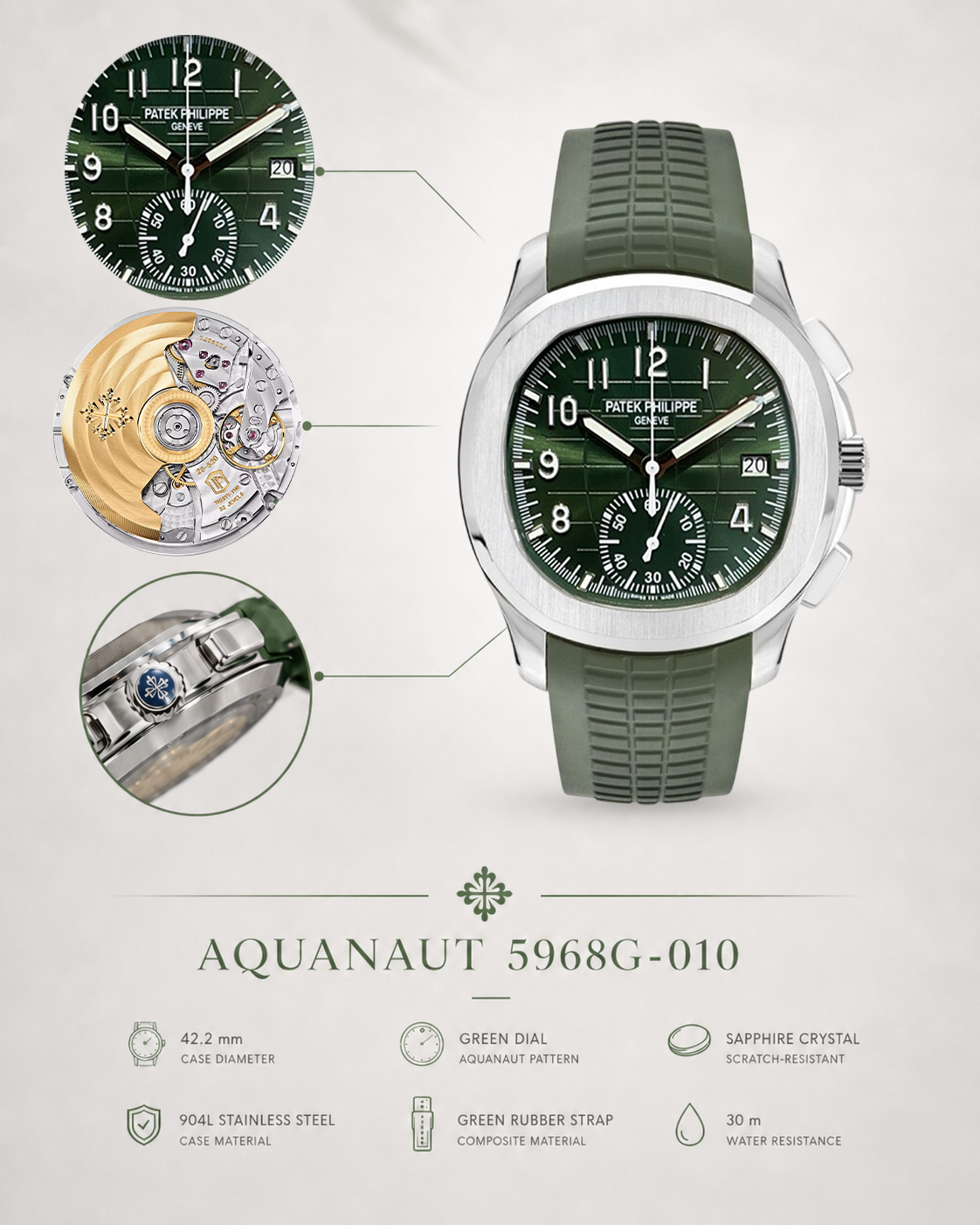 Super Clone Patek Philippe Aquanaut 5968G-010 Replica Khaki Green Dial 42.2mm Watch with Green Rubber Strap Details Show