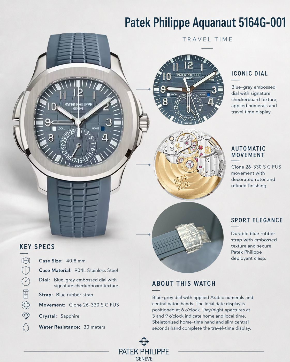 Luxury Super Clone Patek Philippe Aquanaut 5164G-001 Replica Blue-Gray Dial 40.8mm Watch Details Show