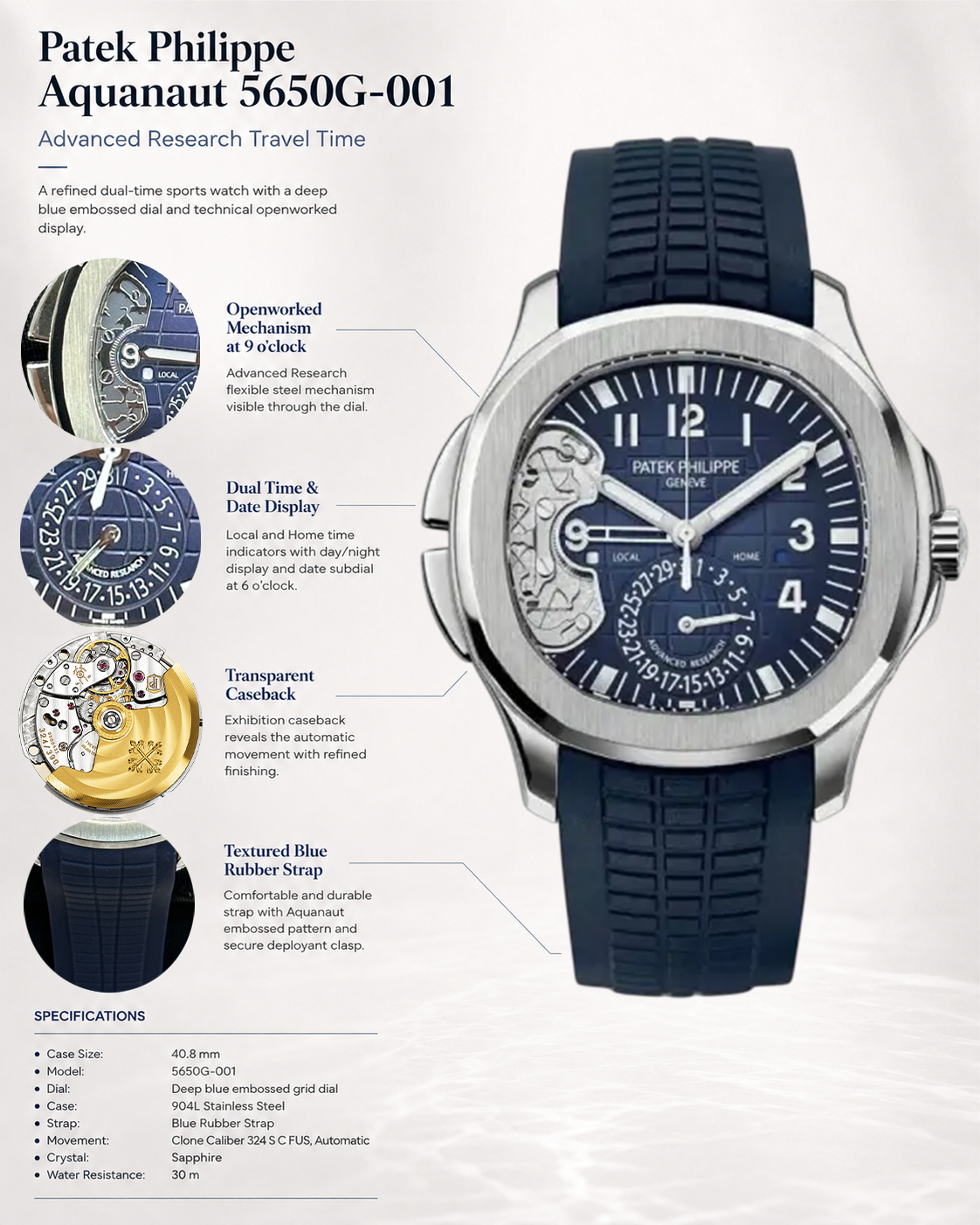 1:1 Super Clone Patek Philippe Aquanaut 5650G-001 Replica Advanced Research Blue Dial Blue Rubber Strap Men&rsquo;s Watch Details Show