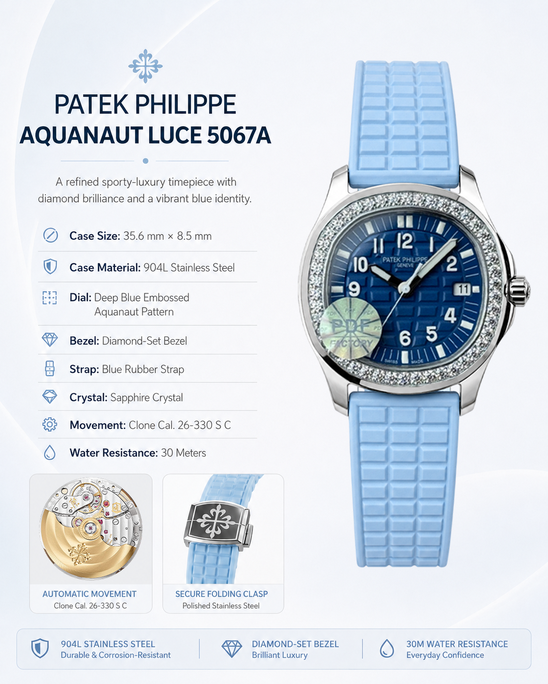PDF Factory Patek Philippe Aquanaut Luce 5067A Replica Blue Dial Diamond Bezel Blue Rubber Strap Ladies Luxury Watch Details Show