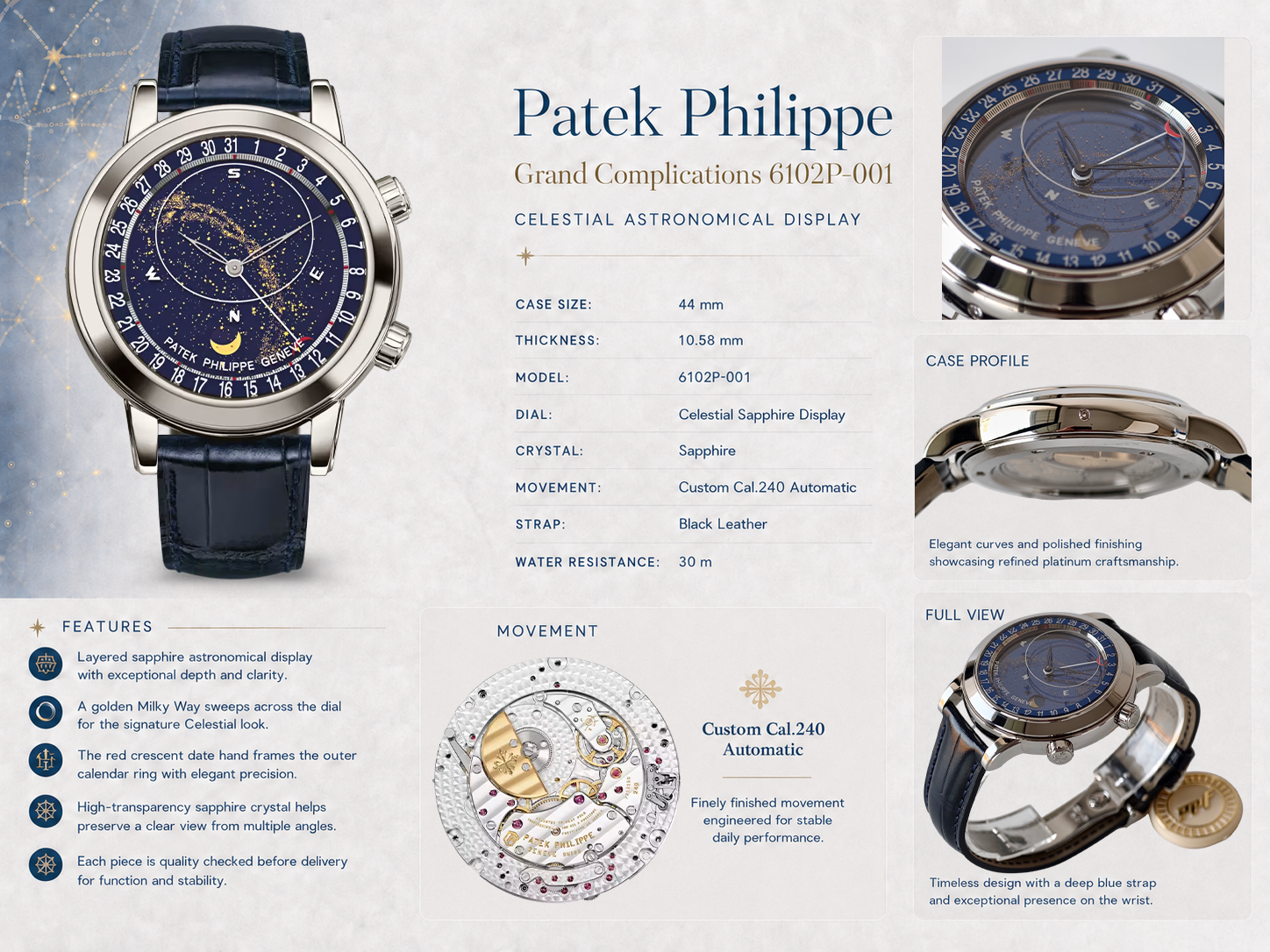 PPF Patek Philippe Celestial Grand Complications 6102P-001 Replica Blue Celestial Dial Black Leather Strap Super Clone Watch Details Show