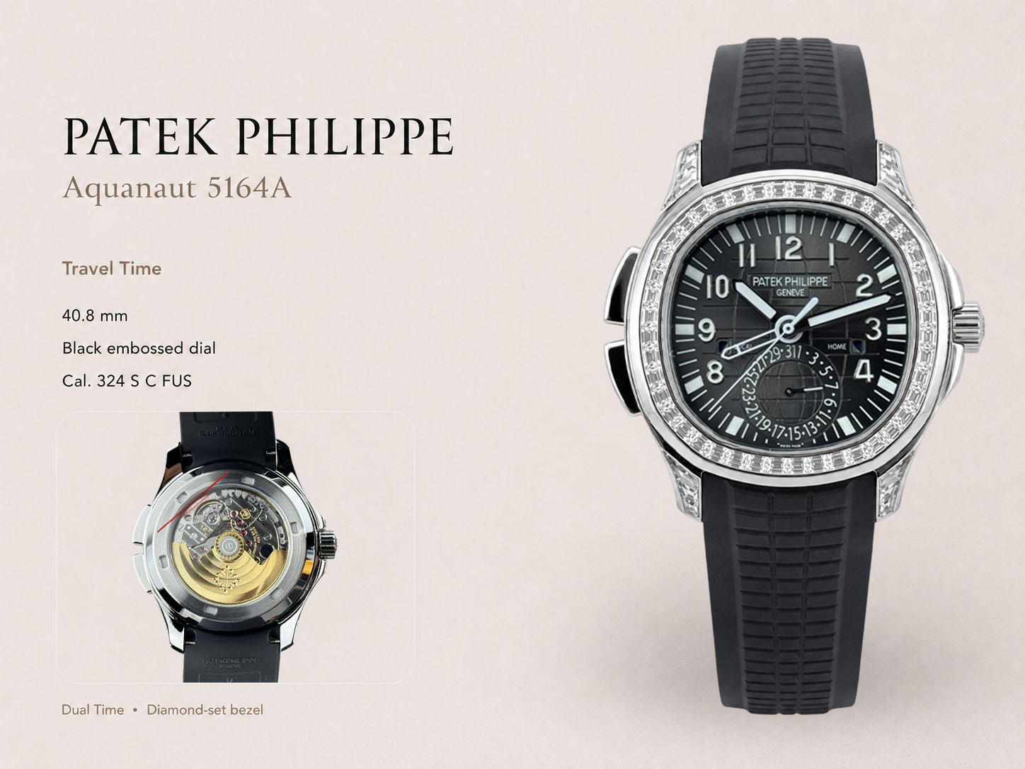 1:1 Clone Patek Philippe Aquanaut 5164A Replica Black Embossed Dial Diamond Bezel Dual Time Men&rsquo;s Watch Details Show