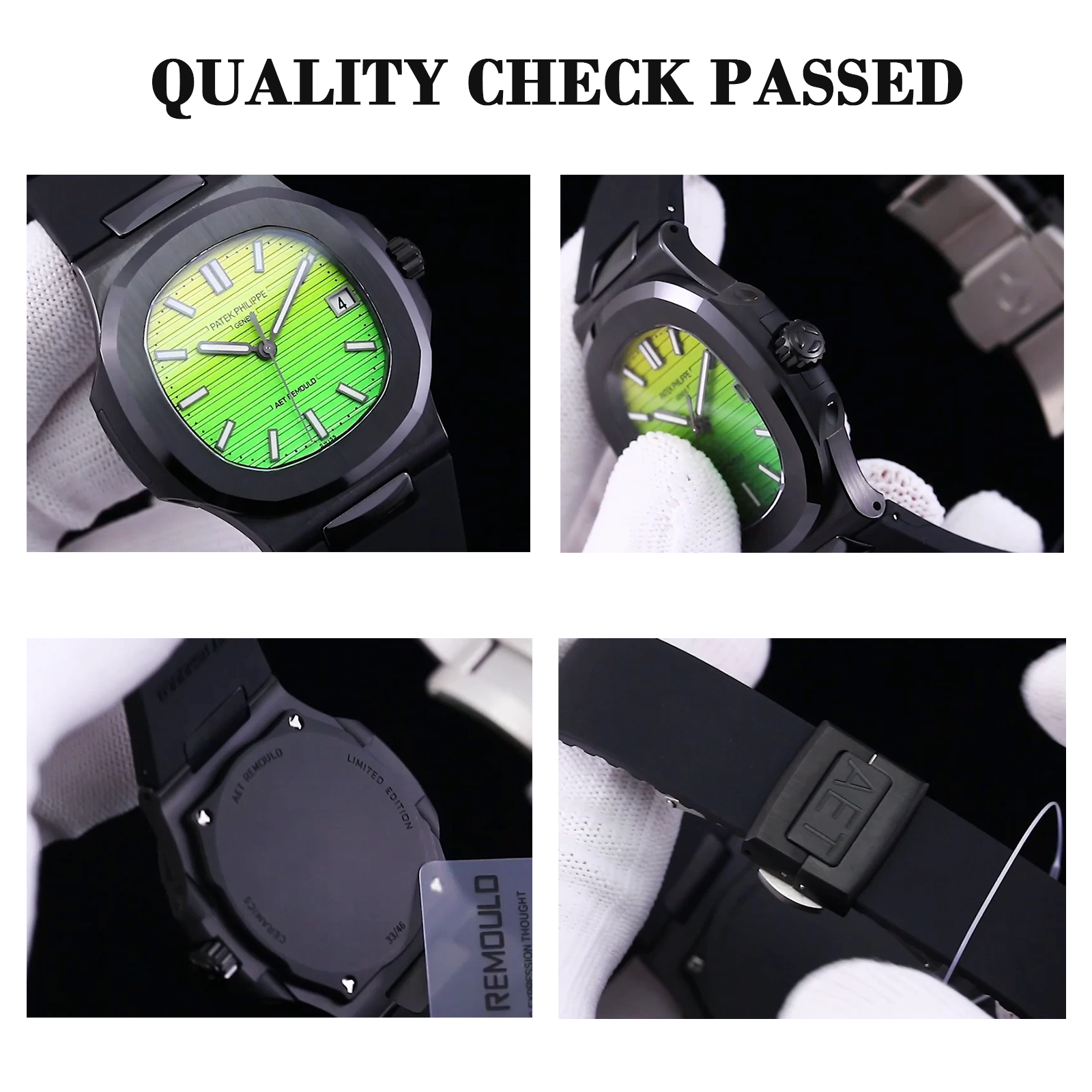 AET REMOULD Patek Philippe Nautilus 5711 Replica Vibrant Yellow Green Gradient Dial Black Ceramic Case Black Rubber Strap Watch QC Check Passed
