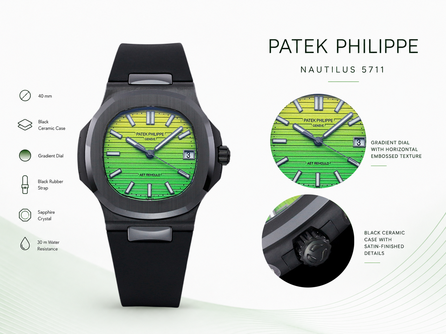 AET REMOULD Patek Philippe Nautilus 5711 Replica Vibrant Yellow Green Gradient Dial Black Ceramic Case Black Rubber Strap Watch Details Show