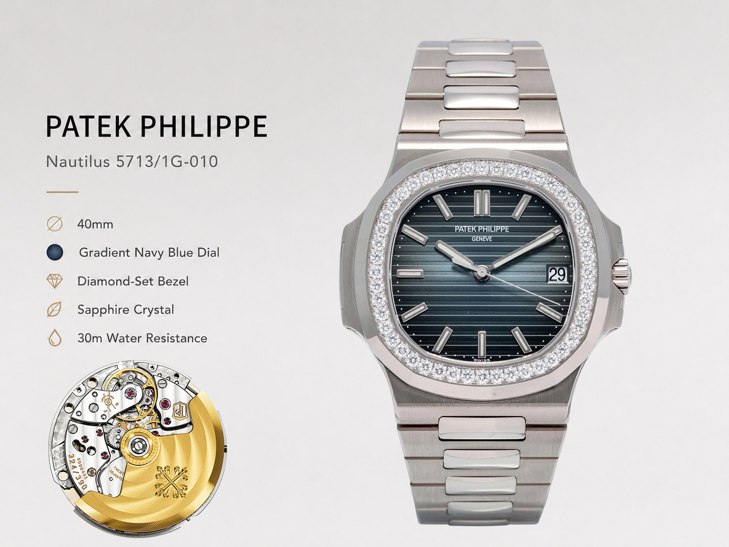Swiss Patek Philippe Nautilus 5713/1G-010 Replica Gradient Navy Blue Dial Diamond-Set Bezel 40mm Luxury Watch Details Show