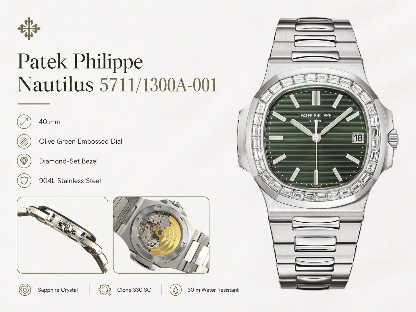 Luxury Super Clone Patek Philippe Nautilus 5711/1300A-001 Replica Olive Green Dial Baguette Diamond Bezel 40mm Watch Details Show