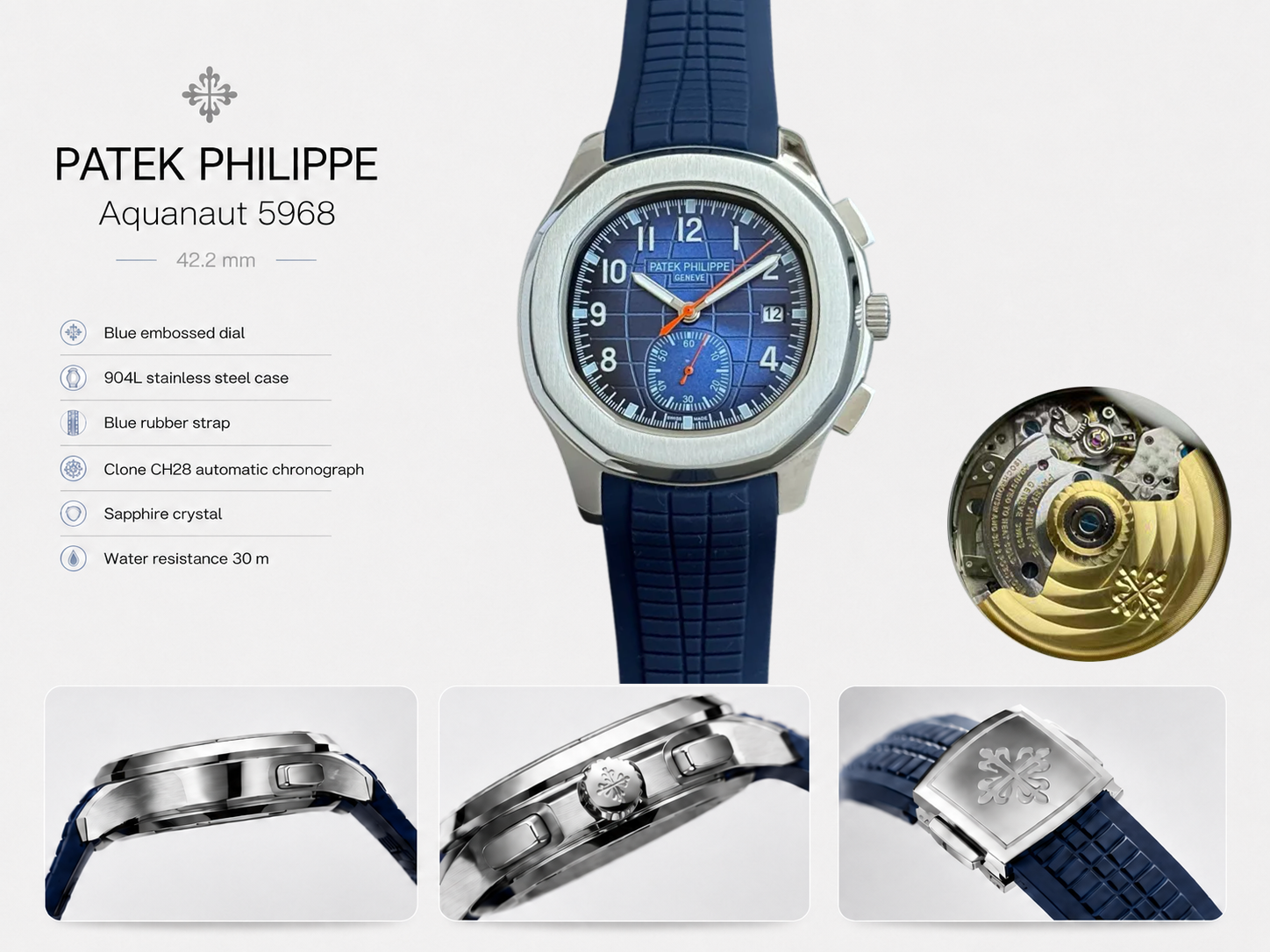 Patek Philippe Aquanaut 5968 Replica Blue Dial Chronograph Watch Details Show