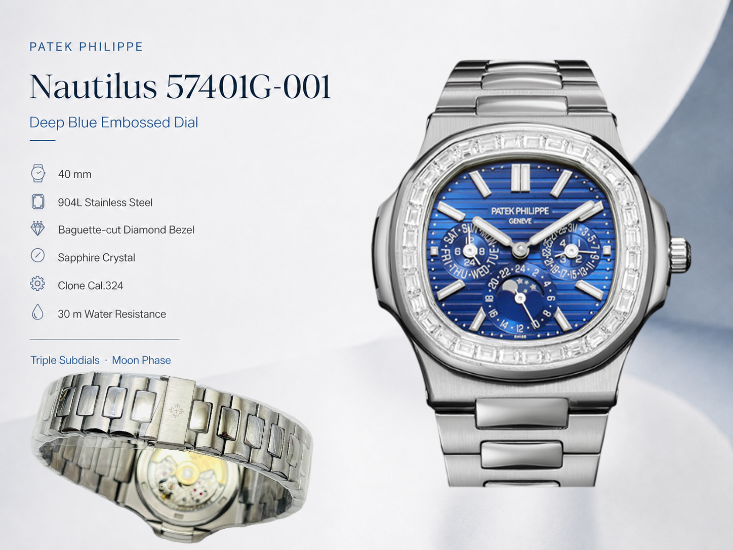 Luxury Patek Philippe Nautilus 5740/1G-001 Replica Blue Dial Baguette Diamond-set Bezel 40mm Super Clone Watch Details Show