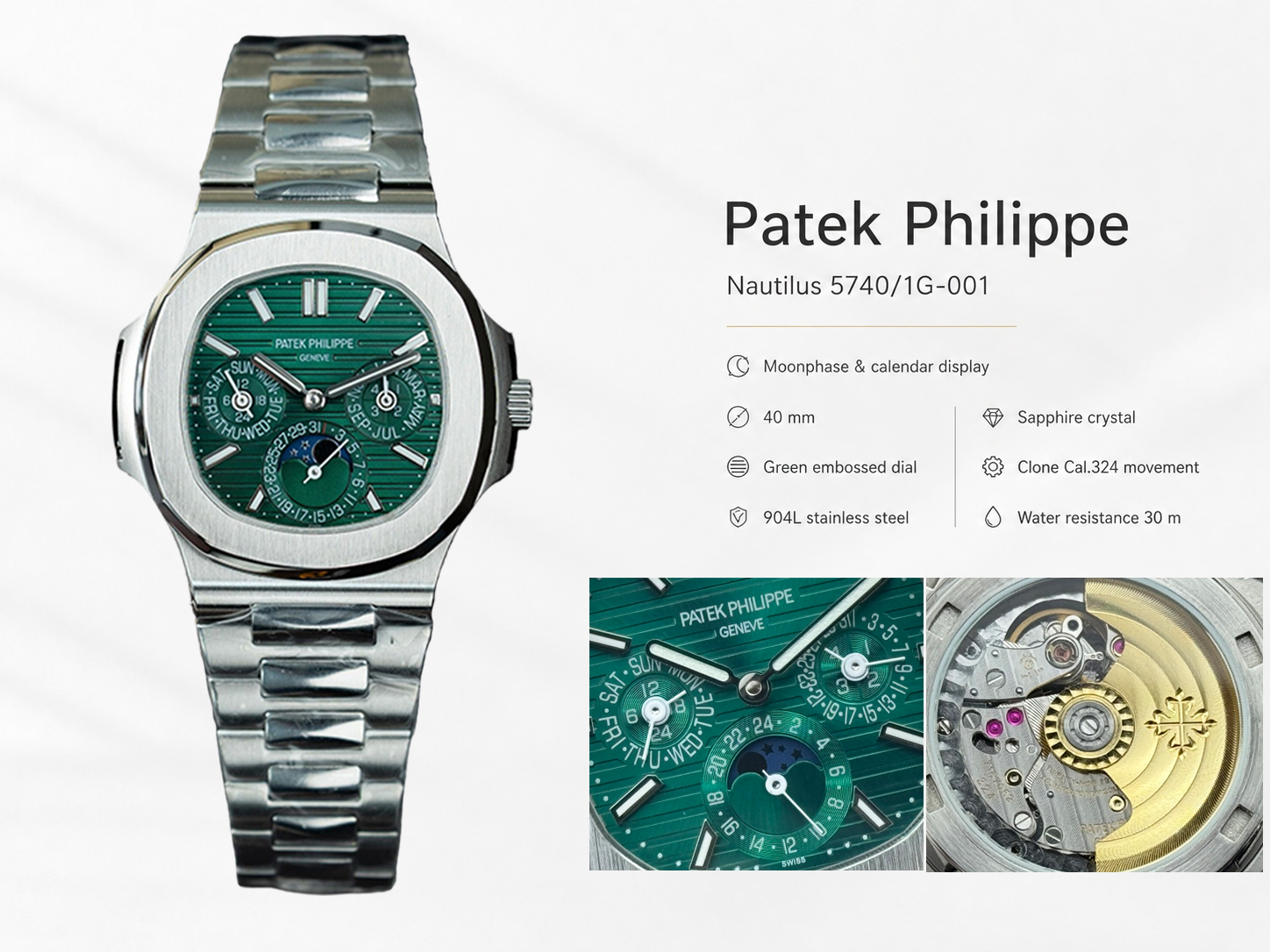 Patek Philippe Nautilus 5740/1G-001 Green Dial Perpetual Calendar 904L Stainless Steel Case 40mm Men's Watch Details Show