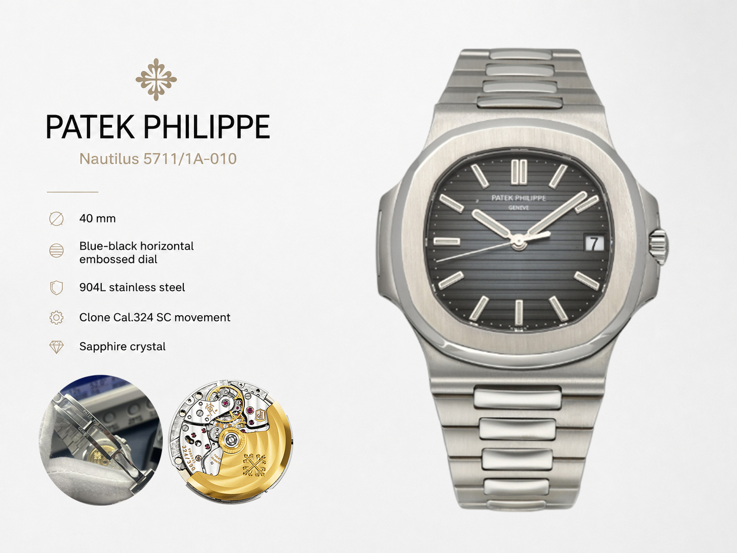 Super Clone Luxury Patek Philippe Nautilus 5711/1A-010 Replica Blue-Black Dial Watch Details Show