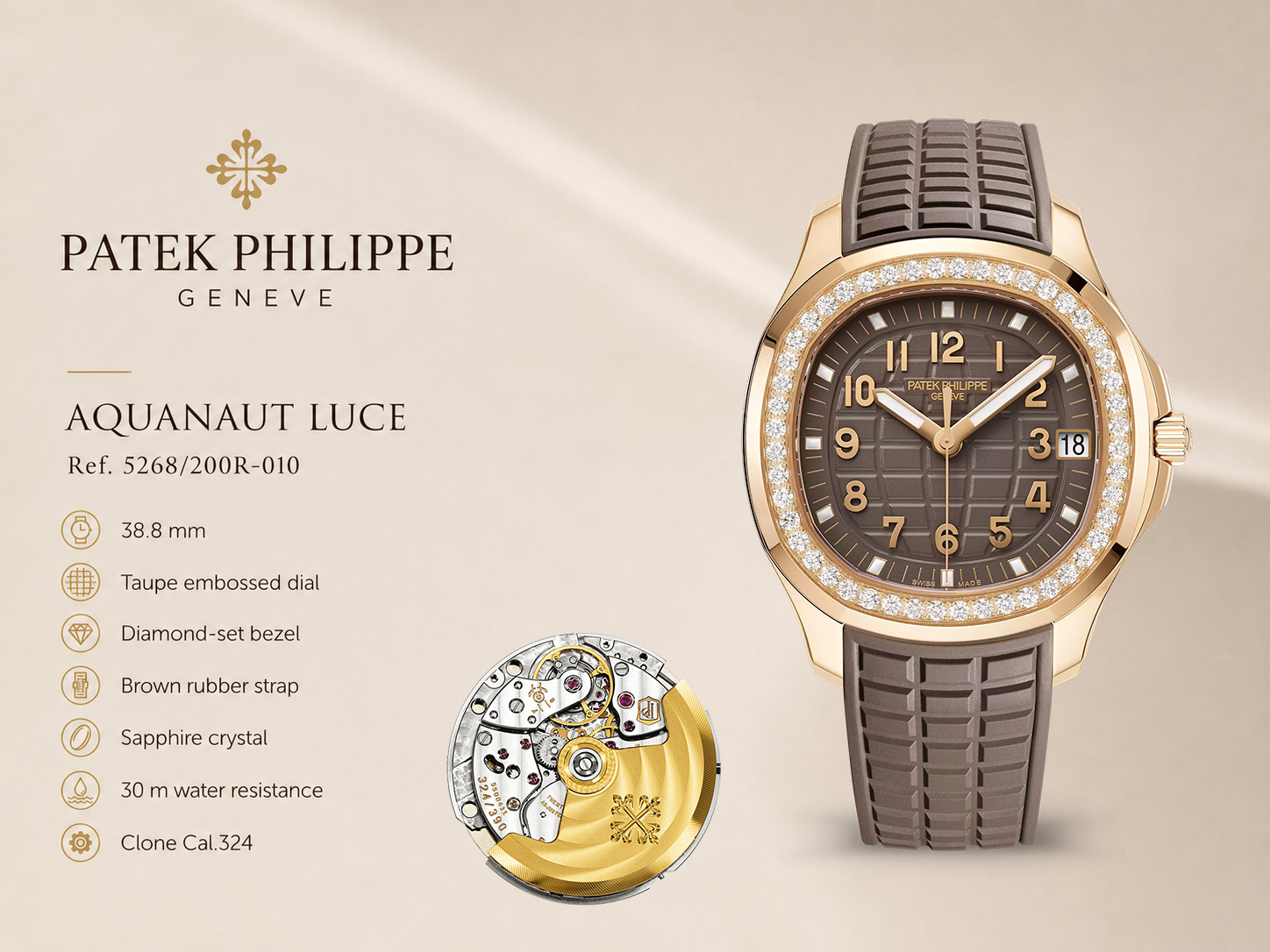 Super Clone Patek Philippe Aquanaut Luce 5268/200R-010 Replica Brown Dial Diamond-Set Bezel Luxury Watch Details Show