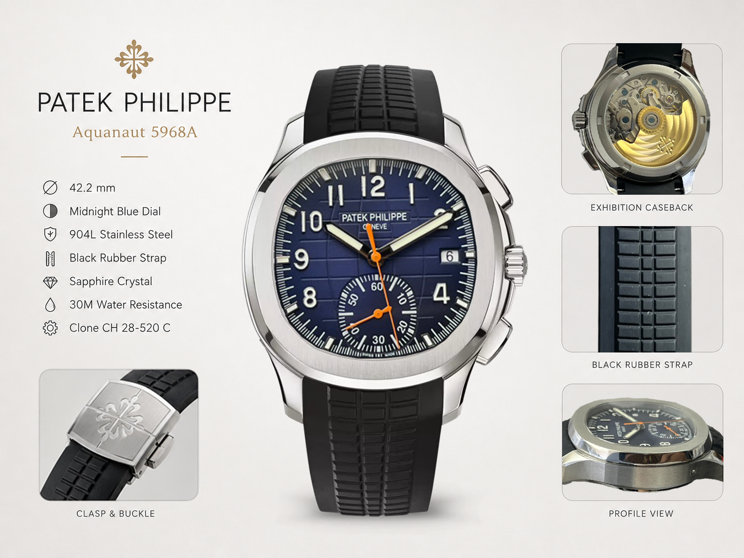 लक्जरी Patek Philippe Aquanaut 5968A नकल नीला काला ग्रेडिएंट डायल नारंगी एक्सेंट काला रबर स्ट्रैप 42.2 मिमी पुरुषों की घड़ी विवरण दिखाएं