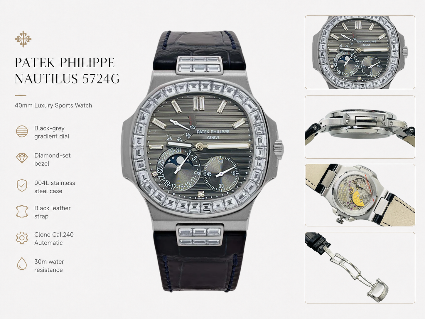 PPF Factory Patek Philippe Nautilus 5724G Replica Grey Diamond Dial Baguette Diamond Bezel Black Leather Strap 40mm Luxury Watch Details Show