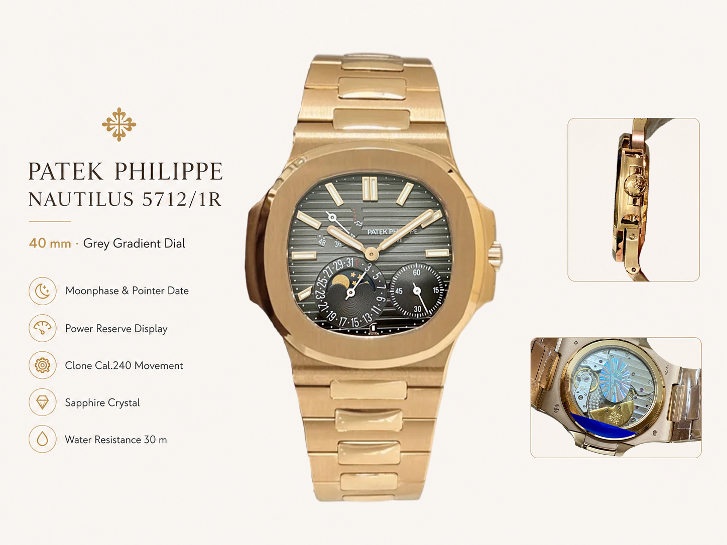 Luxury Patek Philippe Nautilus 5712/1R Replica Grey Gradient Dial Moonphase Gold-Plated 904L Stainless Steel Case 40mm Watch Details Show