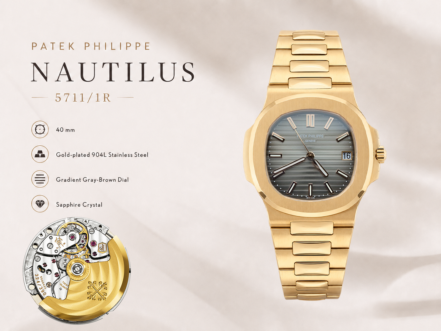 Patek Philippe Nautilus 5711/1R Replica Horizontal Texture Grey Dial Gold-Plated 904L Stainless Steel Case Luxury Men’s 40mm Watch Details Show