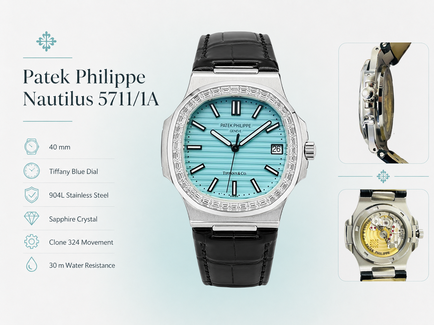 Luxury Patek Philippe Nautilus 5711/1A Replica Tiffany Blue Dial Baguette Diamond Bezel Black Leather Strap Watch Details Show