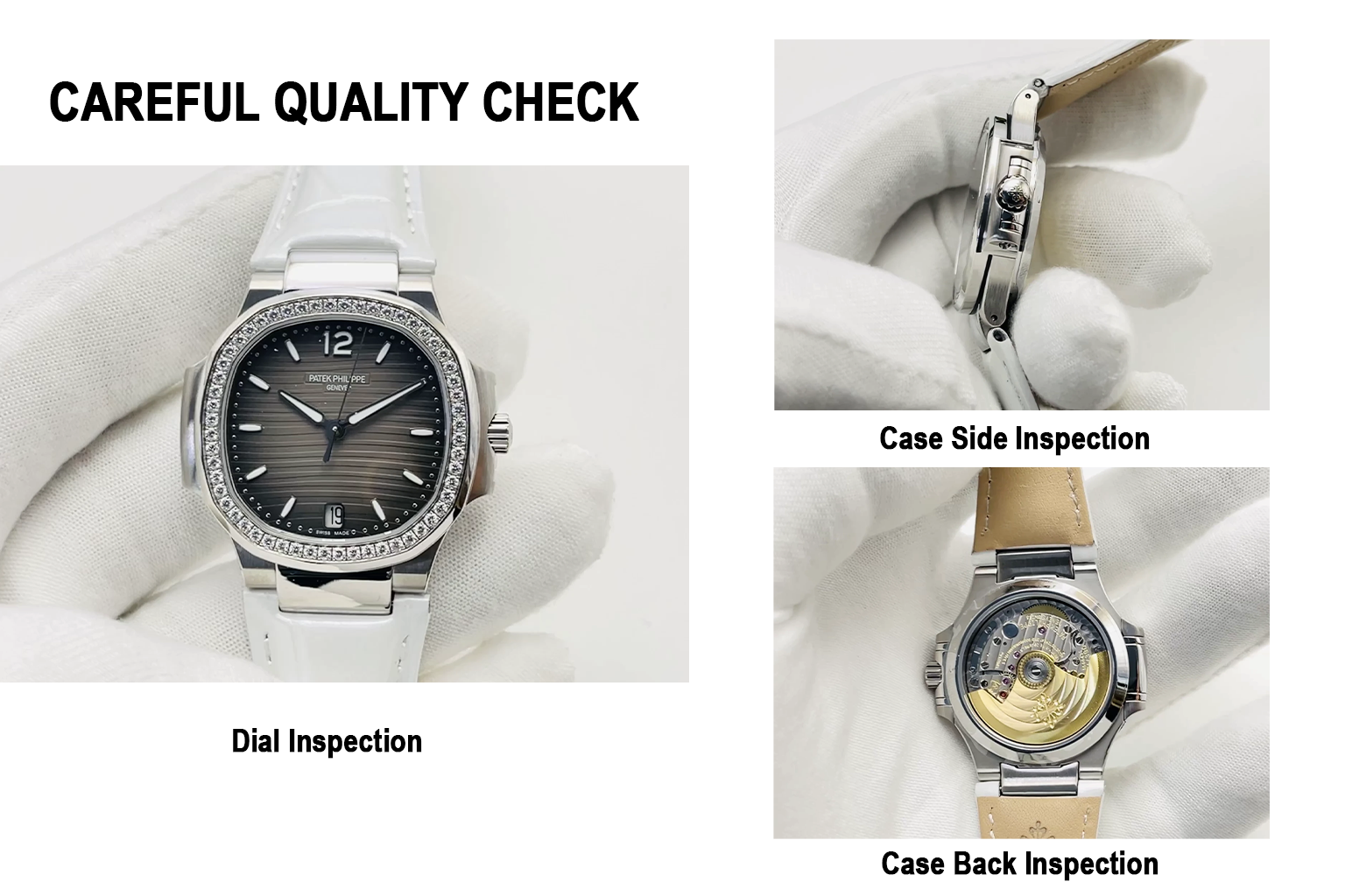 Patek Philippe Nautilus 7118 Replica Grey Gradient Wave Dial Diamond Bezel White Leather Strap Luxury 35.2mm Ladies Watch QC Check