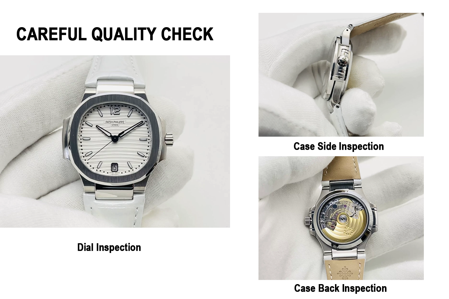 Lyxig Patek Philippe Nautilus 7118 Replika Vit Våg Urtavla Rostfritt Stål Hölje Vitt Läderarmband Damer 35,2 mm Klocka QC CHECK