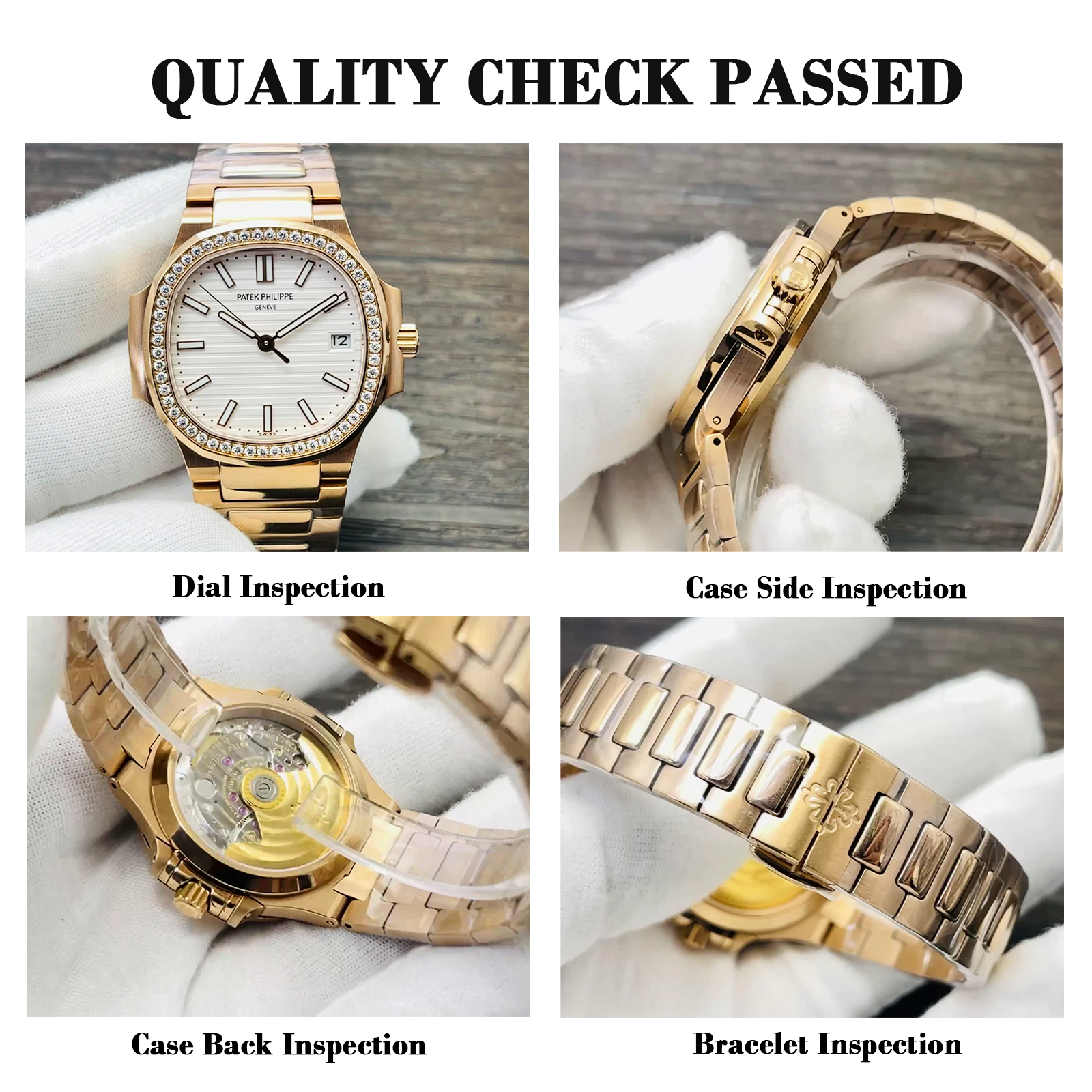 Luxury Patek Philippe Nautilus 5711/1R-001 Replica White Dial Diamond-Set Bezel Rose Gold Plated 904L Stainless Steel Case Watch QC Check