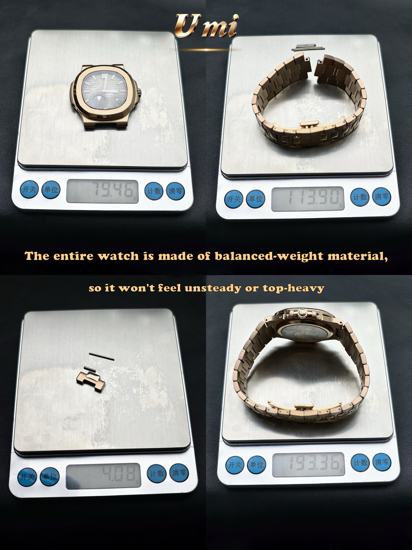 Image showing a watch, bracelet, components, and assembled watch placed on a precision scale to demonstrate balanced-weight construction and stable wearing feel without imbalance.